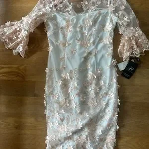 Adrianna Papell Illusion Boat Neck 3/4 Scuff Bell Sleeve 3D Floral Embroidery Throughout Sheath Woven Dress Ivory Blush / 4